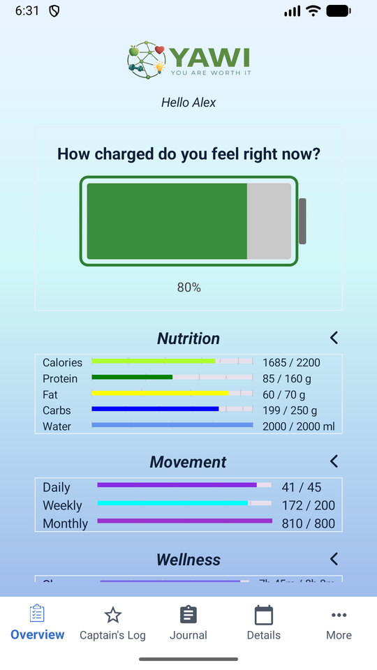 The YAWI daily overview screen